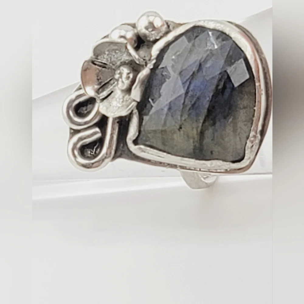LABRADORITE FLORAL RING HANDMADE IN STERLING SILVER METAL SIZE 8.5